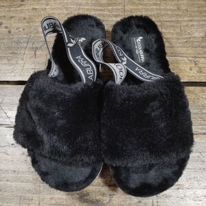 UGG Fluff Sz 6 Slippers Black Slides Faux Fur Shoes Sling Back Open Toe